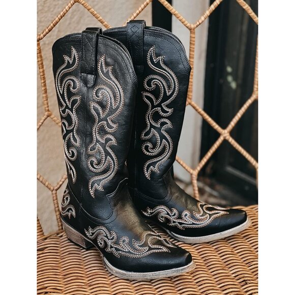 🆕Women Black Synthetic Leathers Cowgirl Chunky Heel Snip Toe Mid-Calf Boots - Picture 2 of 10